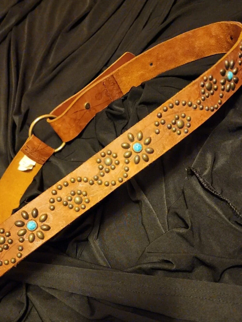 Women's Brown Leather Studded Belt with Turquoise Accents